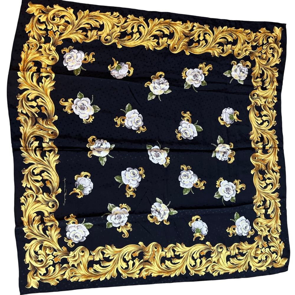 Jeannene Booher silk scarf large square satin brocade black gold & white floral
